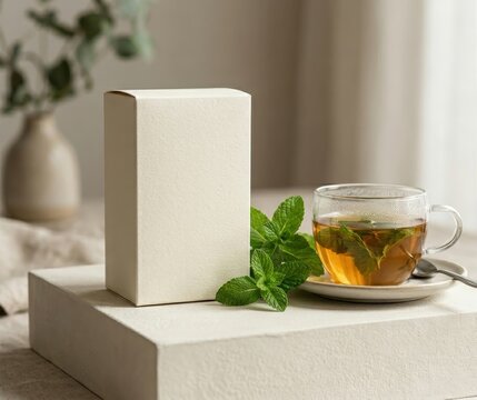 Premium packaging mockup of generic herbal tea box beside mint and glass cup