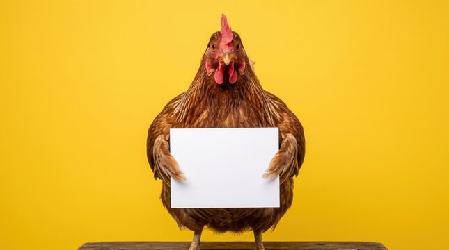 A brown chicken standing on a wooden surface against a solid yellow background holding a blank white sign