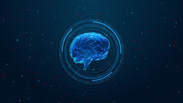 Futuristic digital brain interface animation neural network circular HUD grid background. artificial intelligence, data processing, technology innovation, cyber science, neural connections mind 3D 4K