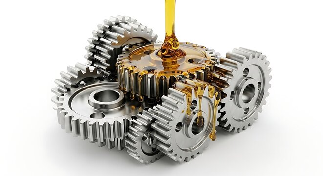 Gears being lubricated with oil isolated on white background