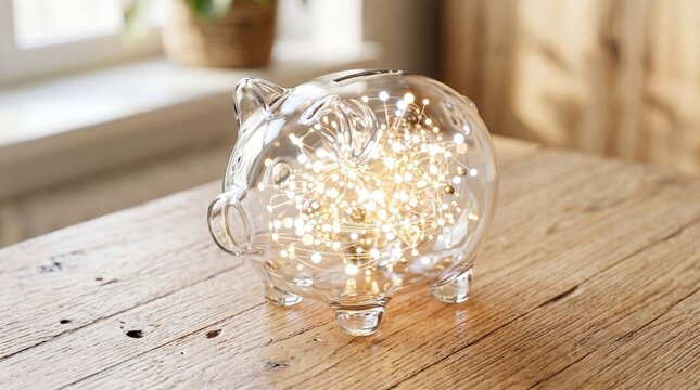 Transparent glass piggy bank filled with glowing interconnected digital light network representing data security, financial technology, and future investment growth