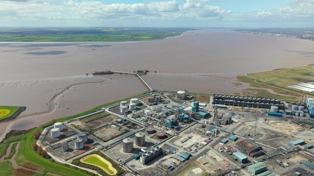 Aerial view of Saltend Chemicals Park and the expansive Humber Estuary looking across to Lincolnshire UK