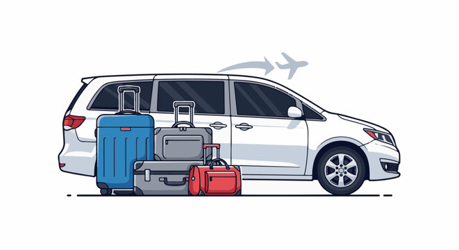 A white minivan is loaded with luggage, ready for a flight