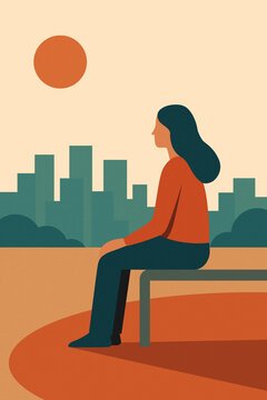 Donna seduta su una panchina in attesa, sfondo cittadino