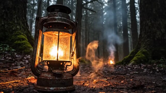 A vintage rusty oil lantern glows brightly on a dark muddy dirt path in a dense forest at night, with a small smoking campfire visible in the soft-focus background between pine trees.