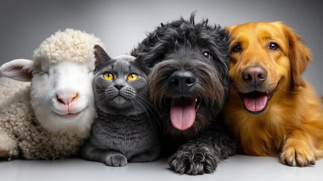Portrait of a sheep grey cat and two dogs posing together against a plain light grey background.