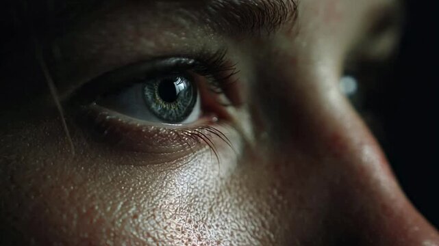 Close-up extreme macro shot of a human eye opening slowly in darkness.