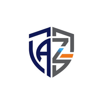 AZ Letter Logo with Orange Line Element in Hexagonal Shield Design on Isolated White Background