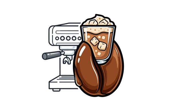 A stylized illustration shows a coffee machine next to a large coffee bean holding a glass of iced coffee