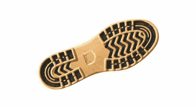 A tan boot sole with a rugged black tread pattern on a white background
