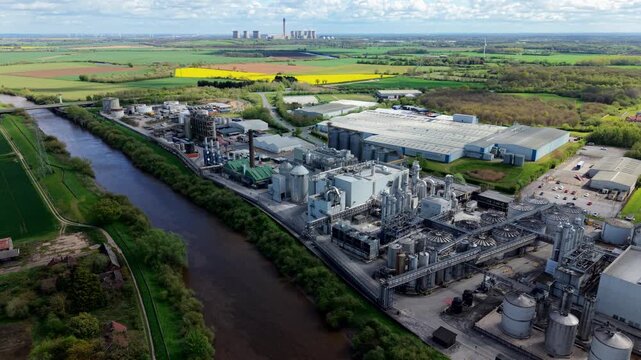 Drone shot of a large production plant complex featuring vertical storage silos and pipelines next to a river
