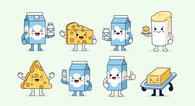 Cartoon milk and cheese characters gathered in a playful scene together outside