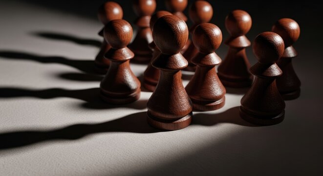 Wooden chess pawns casting shadows on a light surface in a strategic composition