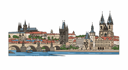 Obraz premium A stylized illustration of a historic city skyline with a prominent bridge and ornate buildings