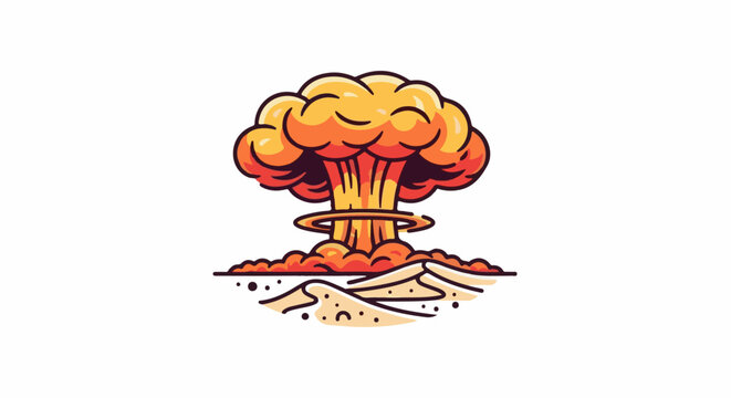 A stylized mushroom cloud erupts over a sandy landscape with swirling dust