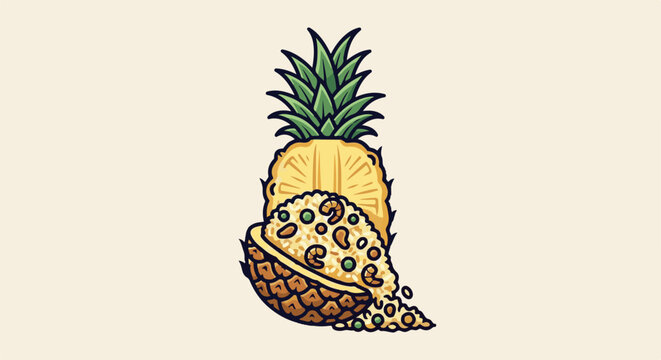 A stylized illustration of a pineapple filled with rice, peas, and shrimp, with a slice behind it
