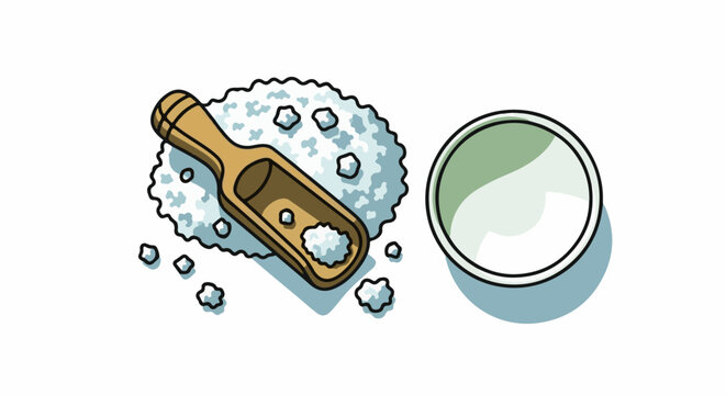 A wooden scoop rests on a pile of coarse salt beside a small bowl