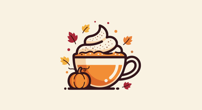 A stylized illustration of a pumpkin spice latte in a mug with whipped cream and autumn leaves
