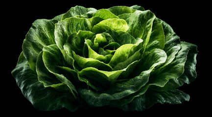 Fototapeta premium A vibrant, high-resolution macro shot of fresh green lettuce leaves. The intense contrast against a solid black background highlights the intricate textures, veins, and crisp organic details.