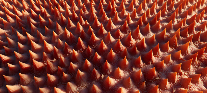 Microscopic view of animal tongue papillae or conceptual pathogen surface with orange sharp spines, dermatology and microbiology background