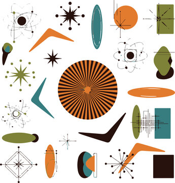 Mid-Century Modern Atomic Element Set, Retro Space Age Starburst and Boomerang Vector Icons, Vintage 1950s Bauhaus Style Geometric Graphics