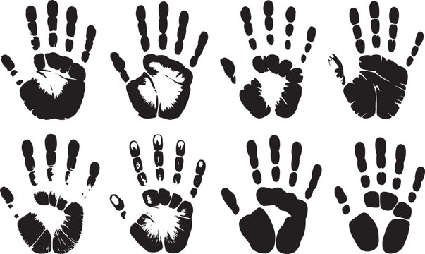 Collection of brown handprints on white background