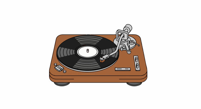 A vintage turntable with a spinning vinyl record and tonearm is depicted