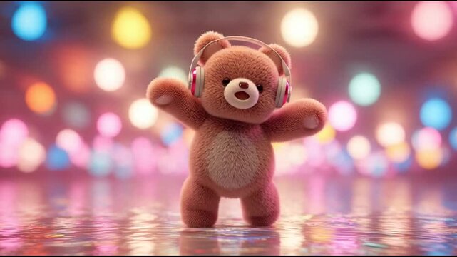 Cute dancing bear wearing headphones in a vibrant disco party