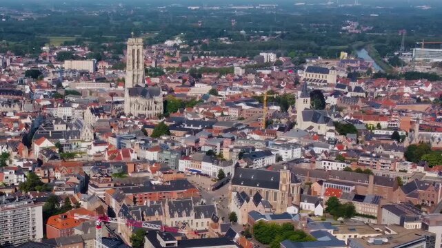 Aerial view around the city Mechelen in Belgium on a sunny morning in summer