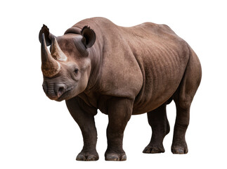 Fototapeta premium Isolated powerful black rhinoceros standing gracefully with majestic horns, wild mammal.