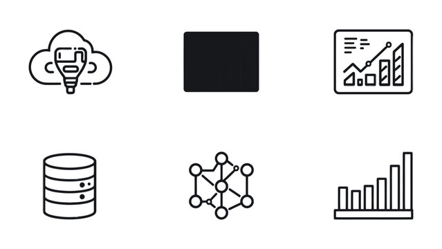 Data Icons for Business and Technology: An array of concise icons represents cloud computing, data analysis, data storage, and digital insights.