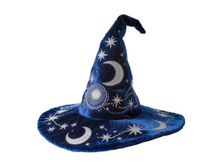 Isolated blue velvet wizard hat decorated with sparkling silver moons and stars for magic © Cian
