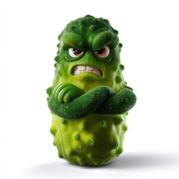 Pickle creature scowling with crossed arms on white