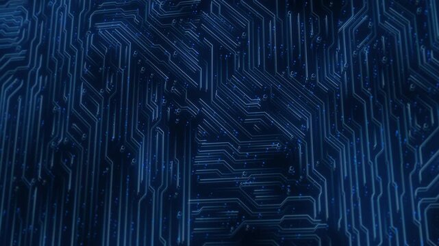 Animated circuit board. Digital technology protecting cybersecurity technology digital data. binary polygon Motherboard digital chip moving connections below center empty space dark blue background