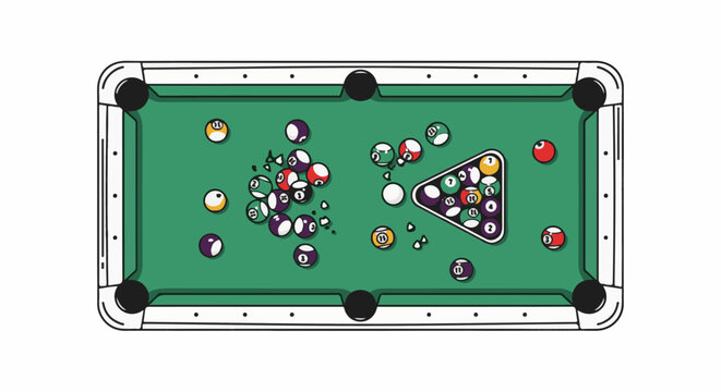 A top-down cartoon view of a pool table with balls scattered and racked in a triangle