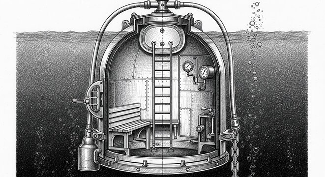 Cutaway illustration shows the interior cabin of a deep-sea submersible vessel submerged in dark water.