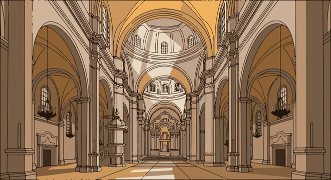 A vast, ornate church interior with soaring arches, grand columns, and dramatic lighting