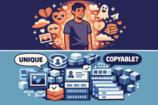 Man questioning digital identity and personal data uniqueness in an online world, surrounded by social media content and copyable data