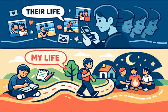 Social media envy and comparison, viewing others' curated online lives versus one's own real experiences and mental health
