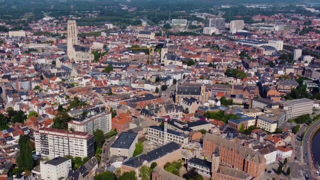 Aerial view around the city Mechelen in Belgium on a sunny morning in summer