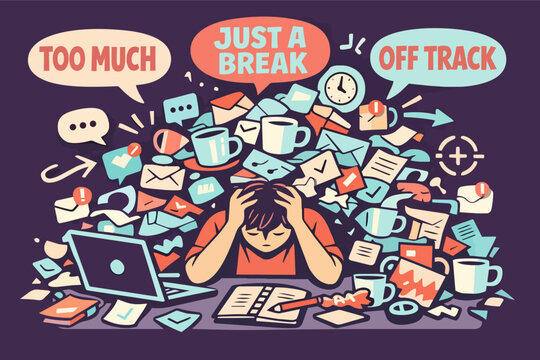 Person feeling overwhelmed by too much work, emails, messages, and deadlines, longing for a break from stress