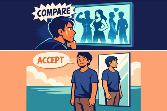 Man experiences self-doubt comparing to ideals online, then finds confidence and peace in accepting his true self in a mirror