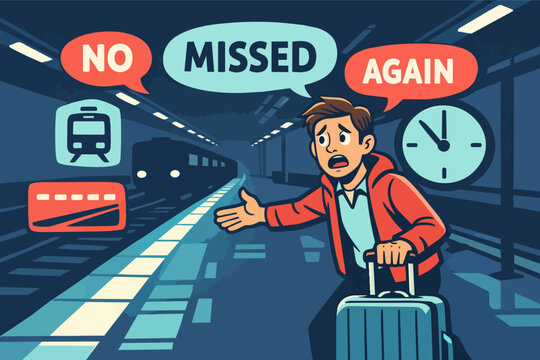 Man missing train at station, feeling frustrated and disappointed after being late for departure