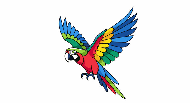 A vibrant cartoon macaw with spread wings flies against a white background