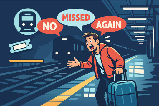 Worried man missing train at railway station, experiencing travel delay, frustration, and a transportation problem