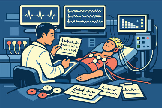 Doctor monitoring patient undergoing sleep study electroencephalogram measuring brain activity in medical laboratory