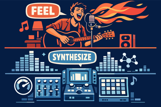 Artist combining emotion and technology, singing, playing guitar, and producing sound with audio equipment