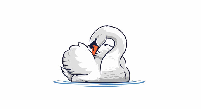 A stylized white swan with its neck curved, feathers ruffled, resting gracefully on calm blue water