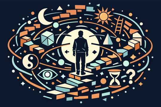 Person facing life journey and existential choices, navigating a complex path of discovery and self-reflection amidst universal symbols
