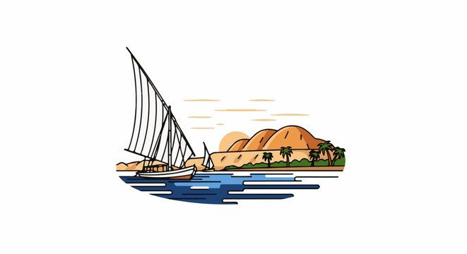 A traditional sailboat glides on calm blue water near a desert shoreline with palm trees